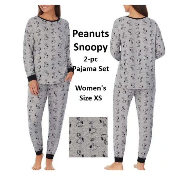 Peanuts Snoopy Pajama Set 2-pc Gray with Black Snoopy, Soft Cozy Women's Size XS - Picture 1 of 16